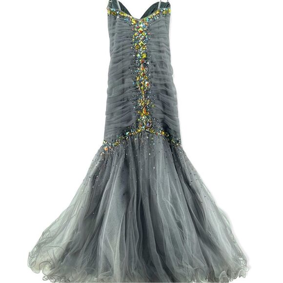 Jovani Pewter Beaded Strapless Prom Gala Pageant Mermaid Evening Gown Size 0 - Picture 9 of 17